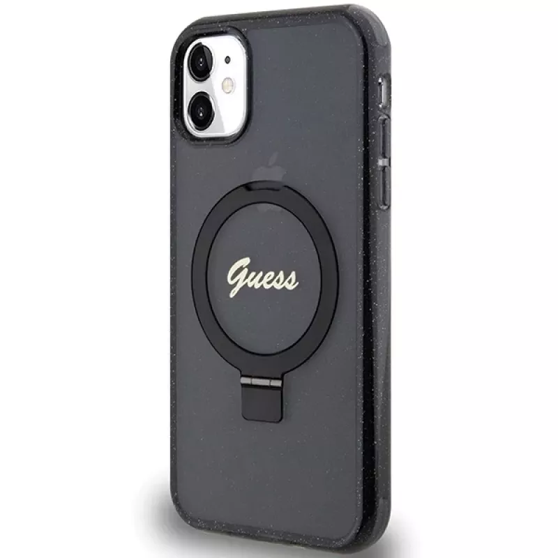 Guess GUHMN61HRSGSK iPhone 11 / XR 6.1 čierne pevné puzdro Ring Stand Script Glitter MagSafe