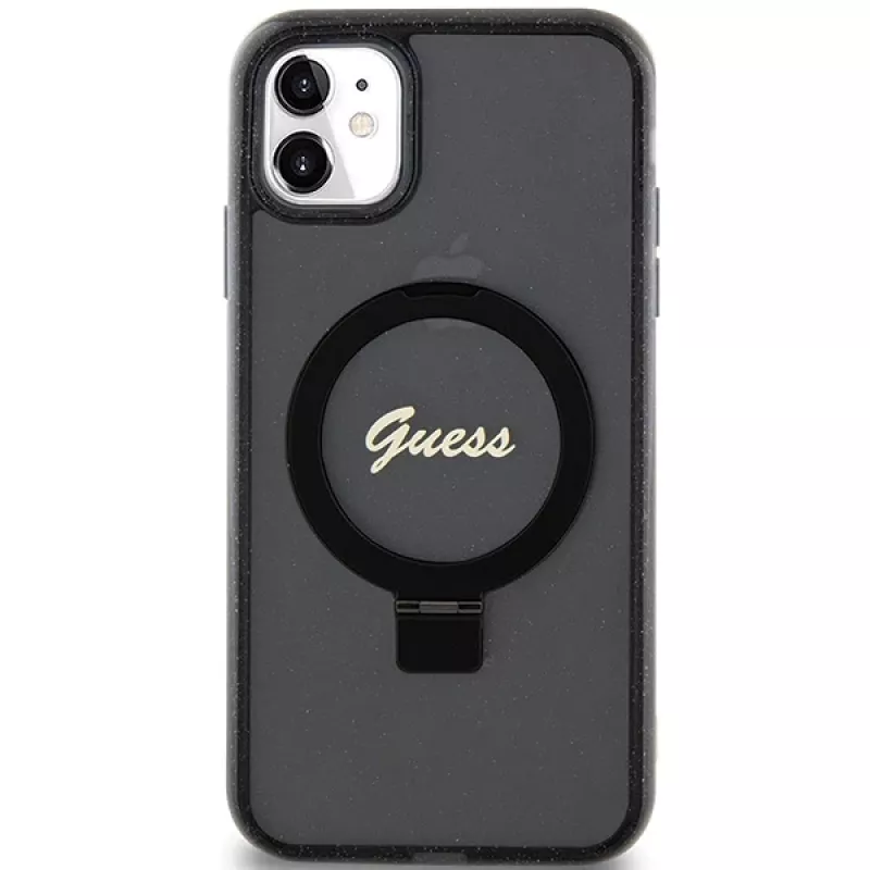 Guess GUHMN61HRSGSK iPhone 11 / XR 6.1 čierne pevné puzdro Ring Stand Script Glitter MagSafe