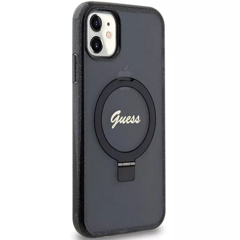 Guess GUHMN61HRSGSK iPhone 11 / XR 6.1 čierne pevné puzdro Ring Stand Script Glitter MagSafe