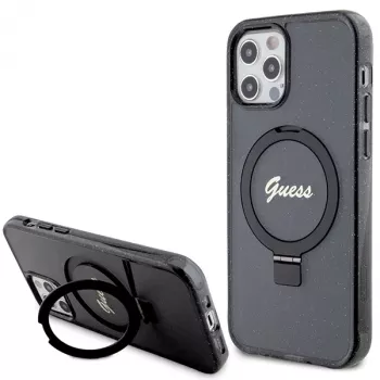 Guess GUHMP12MHRSGSK iPhone 12/12 Pro 6.1 pevné puzdro Ring Stand Script Glitter MagSafe čierne