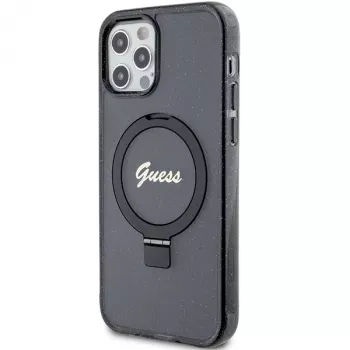 Guess GUHMP12MHRSGSK iPhone 12/12 Pro 6.1 pevné puzdro Ring Stand Script Glitter MagSafe čierne