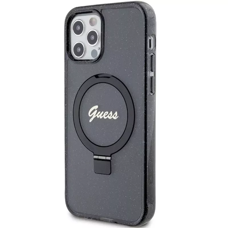 Guess GUHMP12MHRSGSK iPhone 12/12 Pro 6.1 pevné puzdro Ring Stand Script Glitter MagSafe čierne