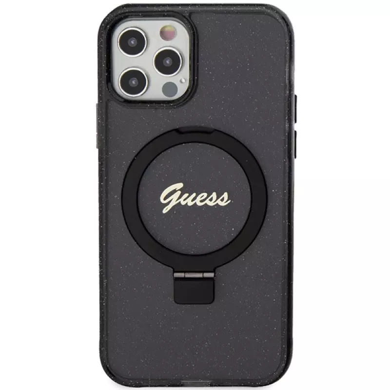 Guess GUHMP12MHRSGSK iPhone 12/12 Pro 6.1 pevné puzdro Ring Stand Script Glitter MagSafe čierne