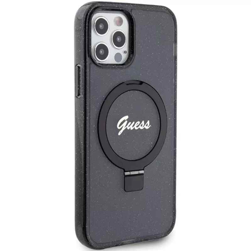 Guess GUHMP12MHRSGSK iPhone 12/12 Pro 6.1 pevné puzdro Ring Stand Script Glitter MagSafe čierne