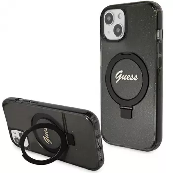 Guess GUHMP13MHRSGSK iPhone 13/14/15 6,1 palca čierne pevné puzdro s držiakom na prsteň, Script Glitter, MagSafe