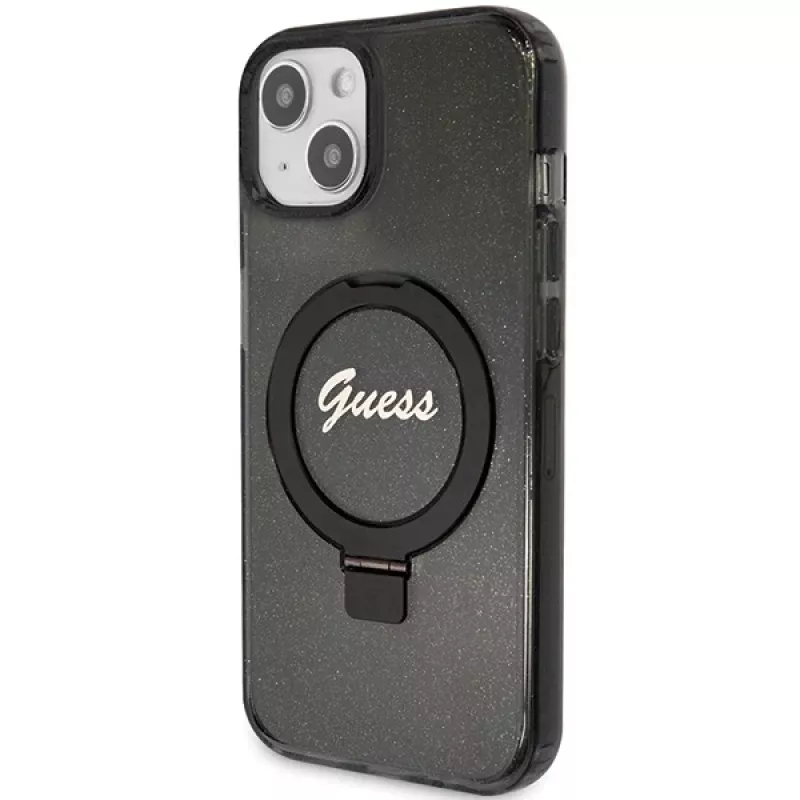 Guess GUHMP13MHRSGSK iPhone 13/14/15 6,1 palca čierne pevné puzdro s držiakom na prsteň, Script Glitter, MagSafe