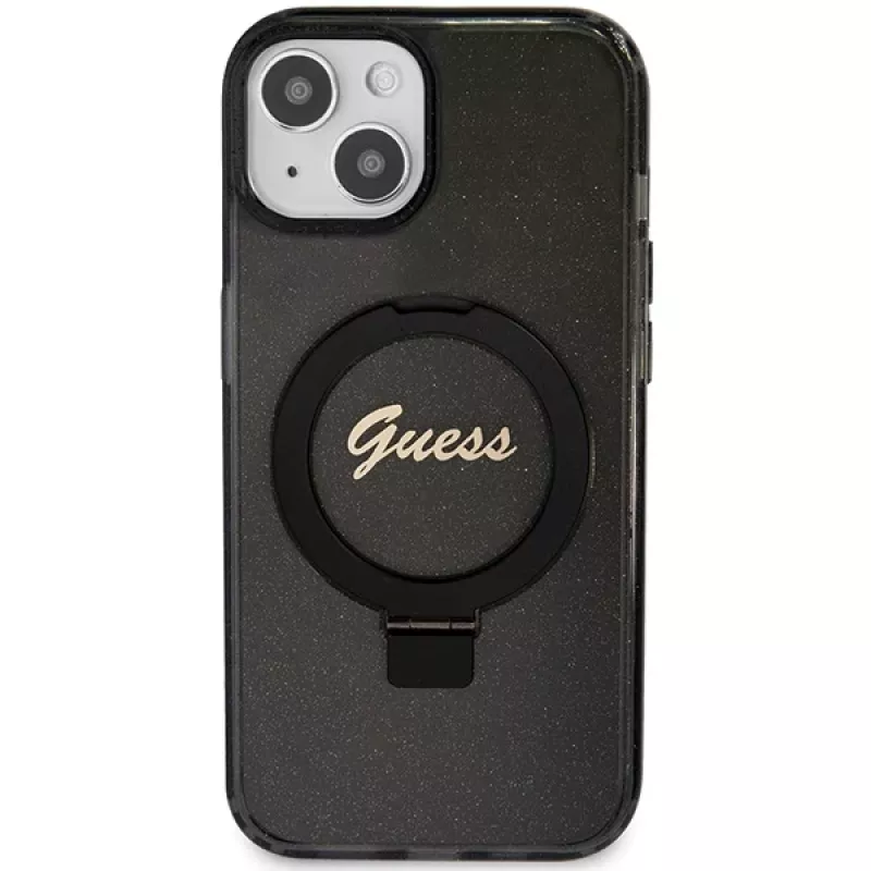 Guess GUHMP13MHRSGSK iPhone 13/14/15 6,1 palca čierne pevné puzdro s držiakom na prsteň, Script Glitter, MagSafe