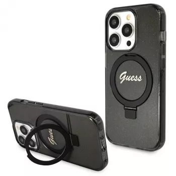 Guess Script Glitter Collection pevné puzdro s držiakom na prsteň MagSafe pre iPhone 13 Pro / 13 6,1 čierne
