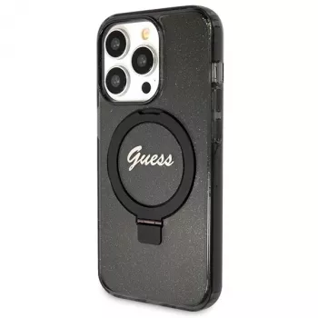 Guess Script Glitter Collection pevné puzdro s držiakom na prsteň MagSafe pre iPhone 13 Pro / 13 6,1 čierne