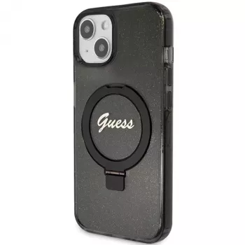 Guess GUHMP14SHRSGSK iPhone 14 / 15 / 13 6,1 palca čierne pevné puzdro s držiakom na prsteň Script Glitter MagSafe