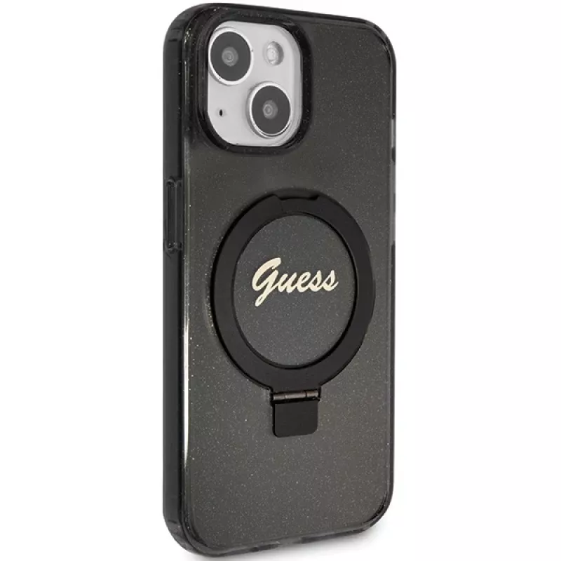 Guess GUHMP14SHRSGSK iPhone 14 / 15 / 13 6,1 palca čierne pevné puzdro s držiakom na prsteň Script Glitter MagSafe