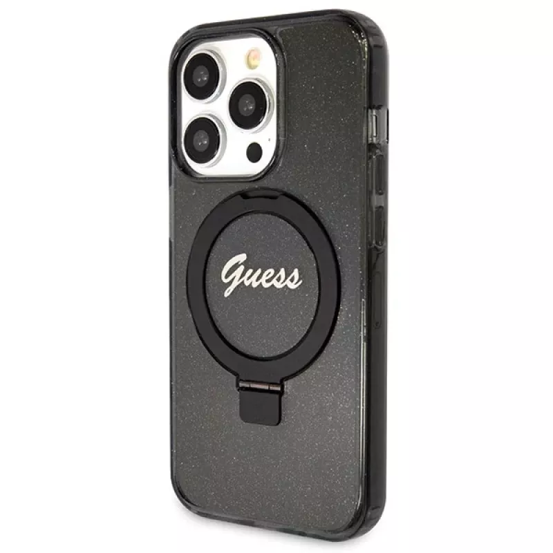 Guess GUHMP14XHRSGSK iPhone 14 Pro Max 6,7 čierne pevné puzdro s držiakom na prsteň Script Glitter MagSafe