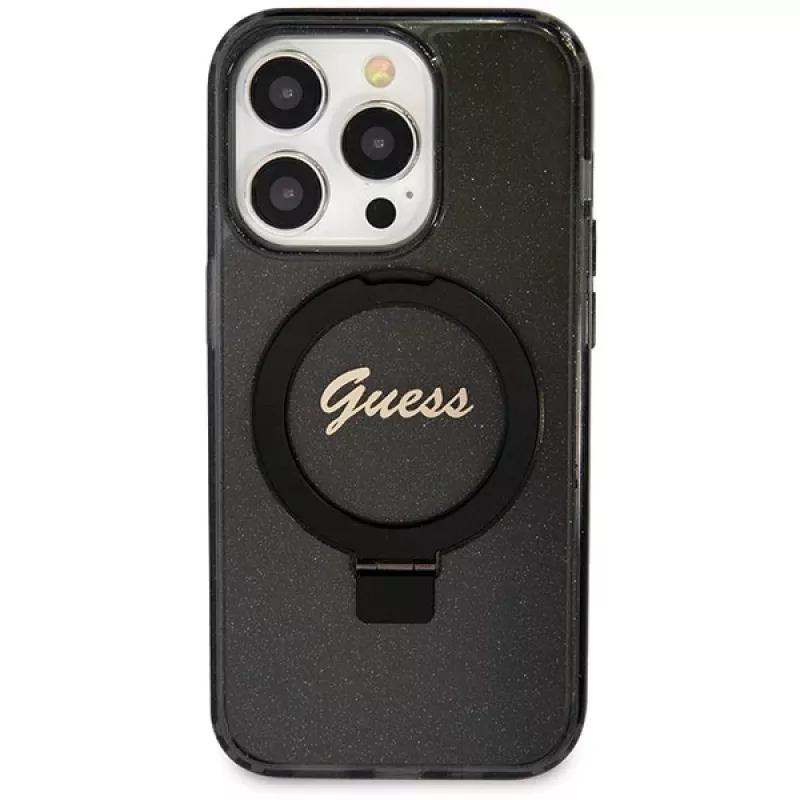 Guess GUHMP14XHRSGSK iPhone 14 Pro Max 6,7 čierne pevné puzdro s držiakom na prsteň Script Glitter MagSafe