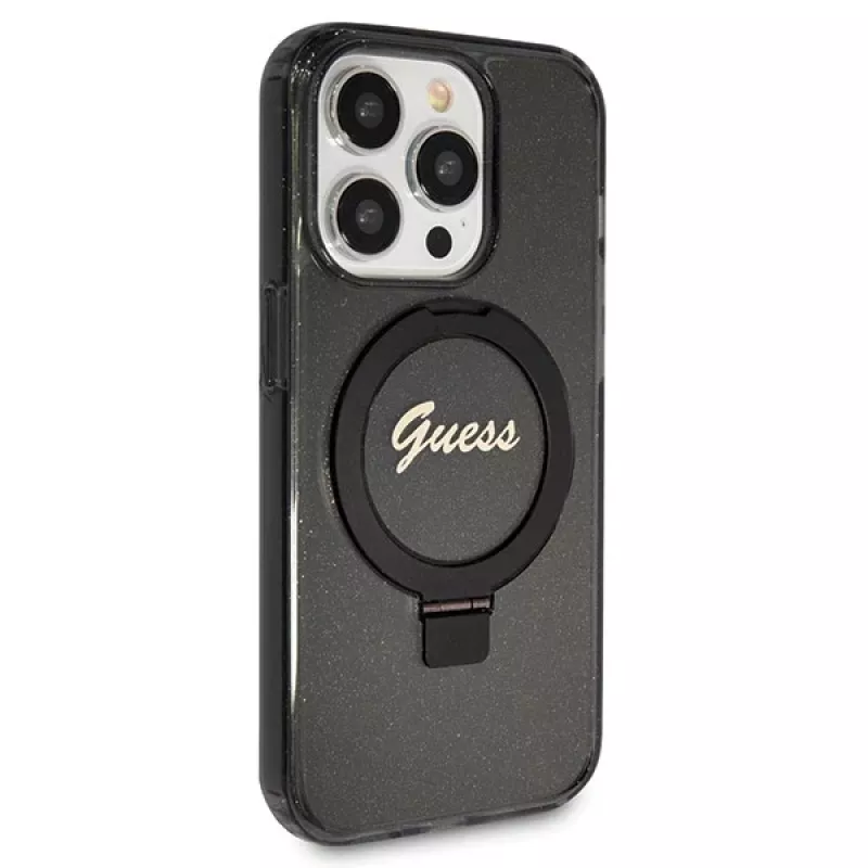 Guess GUHMP14XHRSGSK iPhone 14 Pro Max 6,7 čierne pevné puzdro s držiakom na prsteň Script Glitter MagSafe
