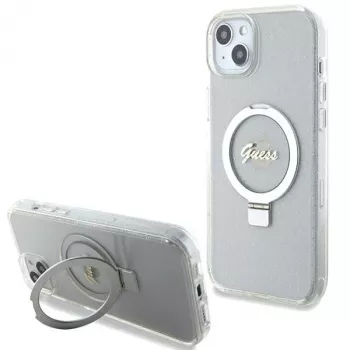 Guess GUHMP15MHRSGSD iPhone 15 Plus / 14 Plus 6,7 palca priehľadné pevné puzdro s držiakom na prsteň Script Glitter MagSafe
