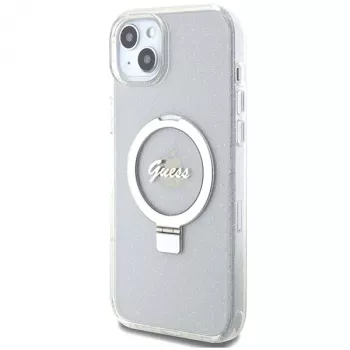 Guess GUHMP15MHRSGSD iPhone 15 Plus / 14 Plus 6,7 palca priehľadné pevné puzdro s držiakom na prsteň Script Glitter MagSafe
