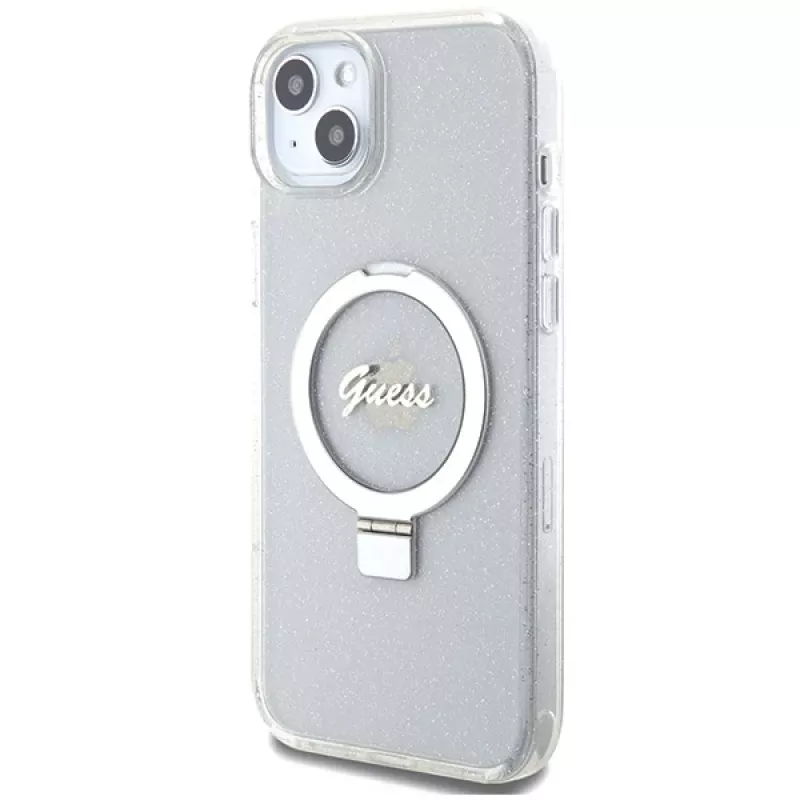 Guess GUHMP15MHRSGSD iPhone 15 Plus / 14 Plus 6,7 palca priehľadné pevné puzdro s držiakom na prsteň Script Glitter MagSafe