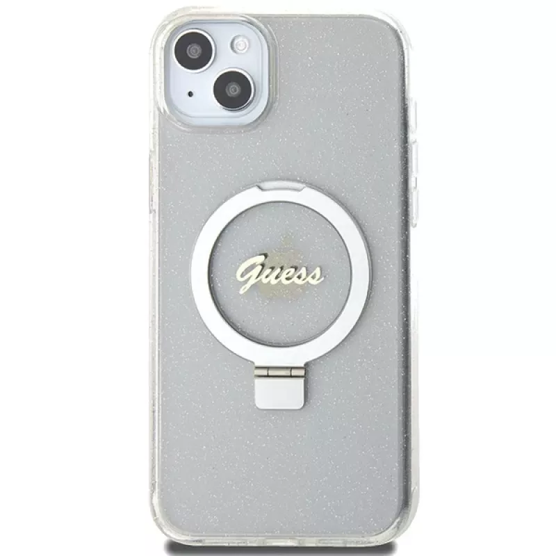Guess GUHMP15MHRSGSD iPhone 15 Plus / 14 Plus 6,7 palca priehľadné pevné puzdro s držiakom na prsteň Script Glitter MagSafe