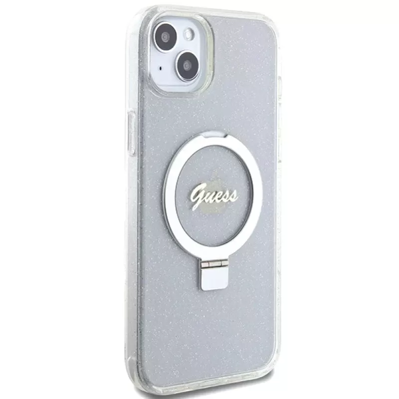 Guess GUHMP15MHRSGSD iPhone 15 Plus / 14 Plus 6,7 palca priehľadné pevné puzdro s držiakom na prsteň Script Glitter MagSafe