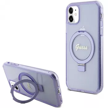 Guess GUHMN61HRSGSU iPhone 11 / XR 6,1 palca fialové pevné puzdro s držiakom na prsteň Script Glitter MagSafe