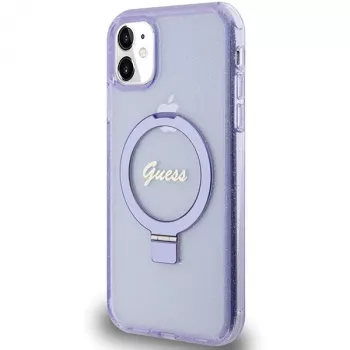 Guess GUHMN61HRSGSU iPhone 11 / XR 6,1 palca fialové pevné puzdro s držiakom na prsteň Script Glitter MagSafe