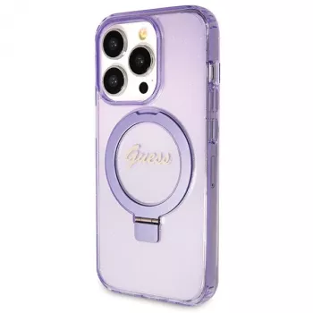 Guess GUHMP13XHRSGSU iPhone 13 Pro Max 6,7 palca fialové pevné puzdro s držiakom na prsteň Script Glitter MagSafe