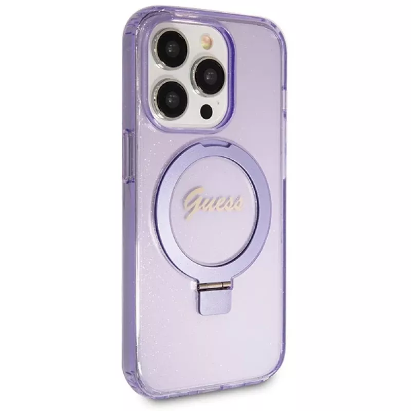 Guess GUHMP13XHRSGSU iPhone 13 Pro Max 6,7 palca fialové pevné puzdro s držiakom na prsteň Script Glitter MagSafe