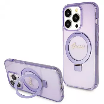 Guess GUHMP14LHRSGSU iPhone 14 Pro 6,1 pevné puzdro s držiakom na prsteň Script Glitter MagSafe fialové