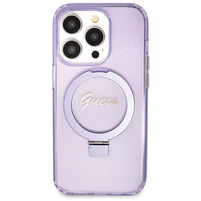 Guess GUHMP14LHRSGSU iPhone 14 Pro 6,1 pevné puzdro s držiakom na prsteň Script Glitter MagSafe fialové