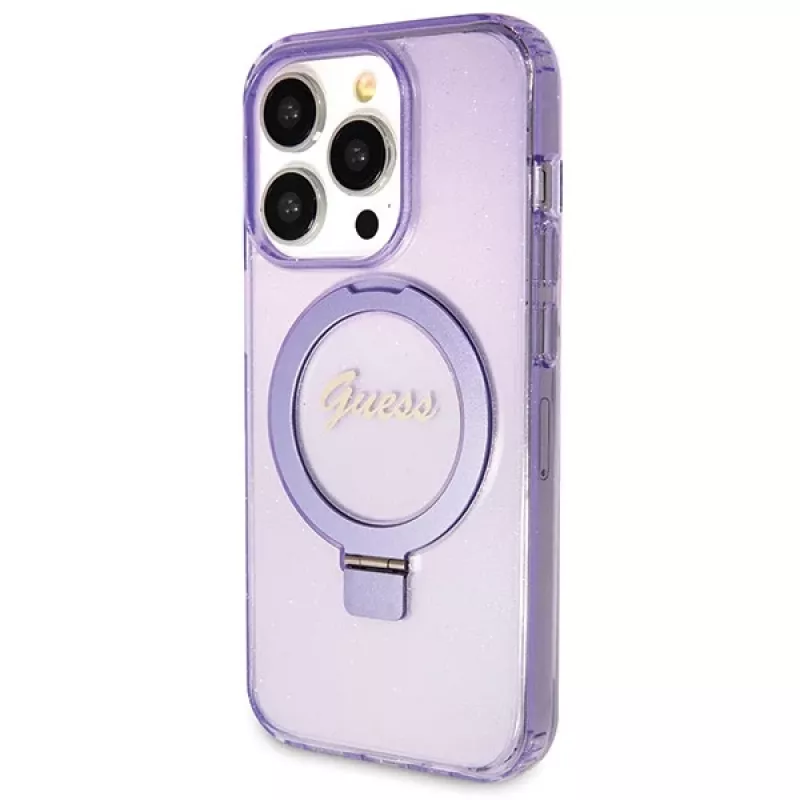 Guess GUHMP14XHRSGSU iPhone 14 Pro Max 6,7 palca fialové pevné puzdro s držiakom na prsteň Script Glitter MagSafe