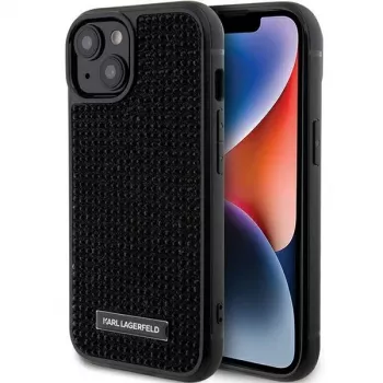 Karl Lagerfeld KLHCP15SHDSPLK iPhone 15 / 14 / 13 6,1 čierne pevné puzdro s logom z kamienkov a kovovou platňou