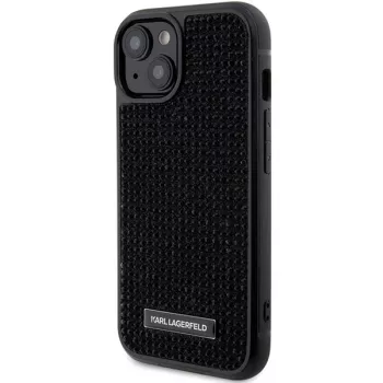 Karl Lagerfeld KLHCP15SHDSPLK iPhone 15 / 14 / 13 6,1 čierne pevné puzdro s logom z kamienkov a kovovou platňou