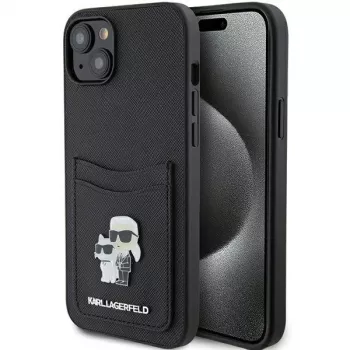 Karl Lagerfeld KLHCP15SSAPKCNPK iPhone 15 / 14 / 13 6,1 čierne pevné puzdro Saffiano s priehradkou na karty Karl & Choupette kovový pin
