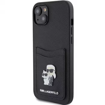 Karl Lagerfeld KLHCP15SSAPKCNPK iPhone 15 / 14 / 13 6,1 čierne pevné puzdro Saffiano s priehradkou na karty Karl & Choupette kovový pin