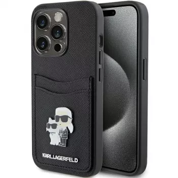Karl Lagerfeld KLHCP15LSAPKCNPK iPhone 15 Pro 6,1 čierne pevné puzdro Saffiano s priehradkou na karty Karl & Choupette kovový pin