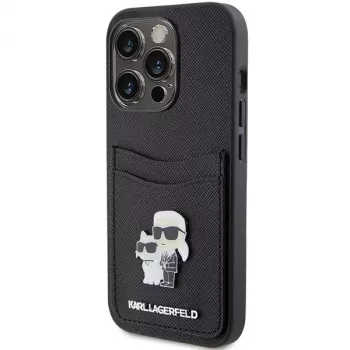 Karl Lagerfeld KLHCP15LSAPKCNPK iPhone 15 Pro 6,1 čierne pevné puzdro Saffiano s priehradkou na karty Karl & Choupette kovový pin