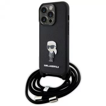 Karl Lagerfeld KLHCP15LSASKNPSK iPhone 15 Pro 6,1 pevné puzdro čierne crossbody Saffiano Monogram kovový pin Karl & Choupette