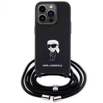 Karl Lagerfeld KLHCP15LSASKNPSK iPhone 15 Pro 6,1 pevné puzdro čierne crossbody Saffiano Monogram kovový pin Karl & Choupette