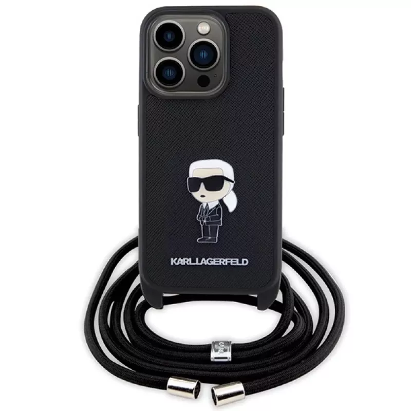 Karl Lagerfeld KLHCP15LSASKNPSK iPhone 15 Pro 6,1 pevné puzdro čierne crossbody Saffiano Monogram kovový pin Karl & Choupette