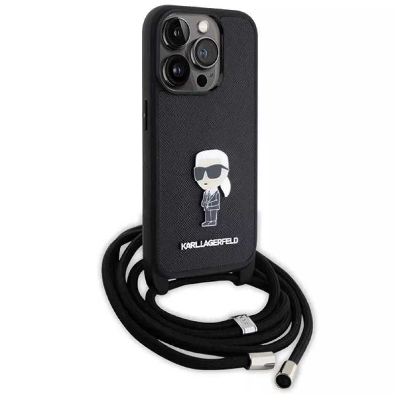 Karl Lagerfeld KLHCP15LSASKNPSK iPhone 15 Pro 6,1 pevné puzdro čierne crossbody Saffiano Monogram kovový pin Karl & Choupette
