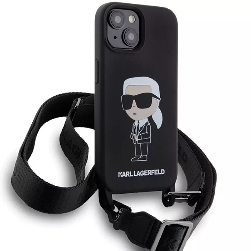 Karl Lagerfeld KLHCP15SSCBSKNK iPhone 15 / 14 / 13 6,1 pevné puzdro čierne crossbody silikónové Ikonik