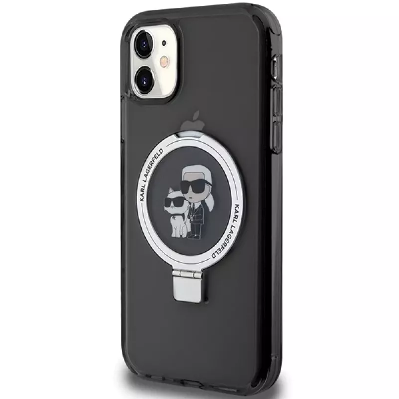 Karl Lagerfeld KLHMN61HMRSKCK pevné puzdro s držiakom na prsteň pre iPhone 11 / Xr 6,1 čierne MagSafe Karl & Choupette
