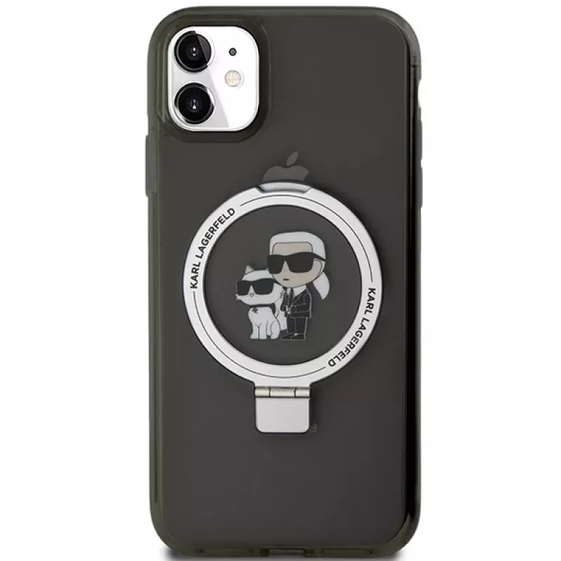Karl Lagerfeld KLHMN61HMRSKCK pevné puzdro s držiakom na prsteň pre iPhone 11 / Xr 6,1 čierne MagSafe Karl & Choupette
