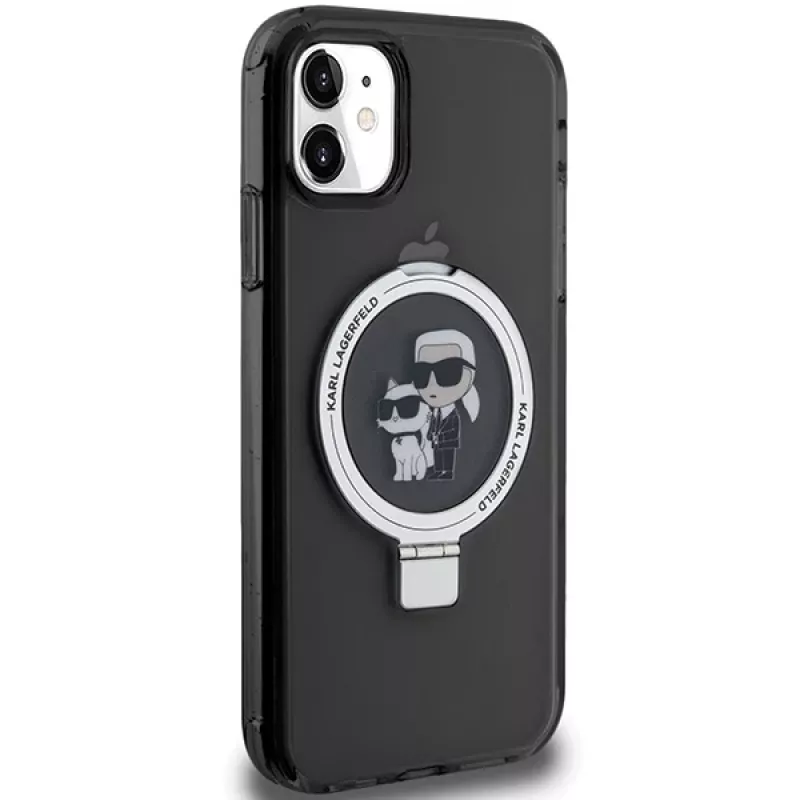 Karl Lagerfeld KLHMN61HMRSKCK pevné puzdro s držiakom na prsteň pre iPhone 11 / Xr 6,1 čierne MagSafe Karl & Choupette