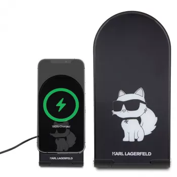 Karl Lagerfeld skladacia 2-in-1 bezdrôtová nabíjačka KLDCRFALCHNK 15W čierna Choupette MagSafe