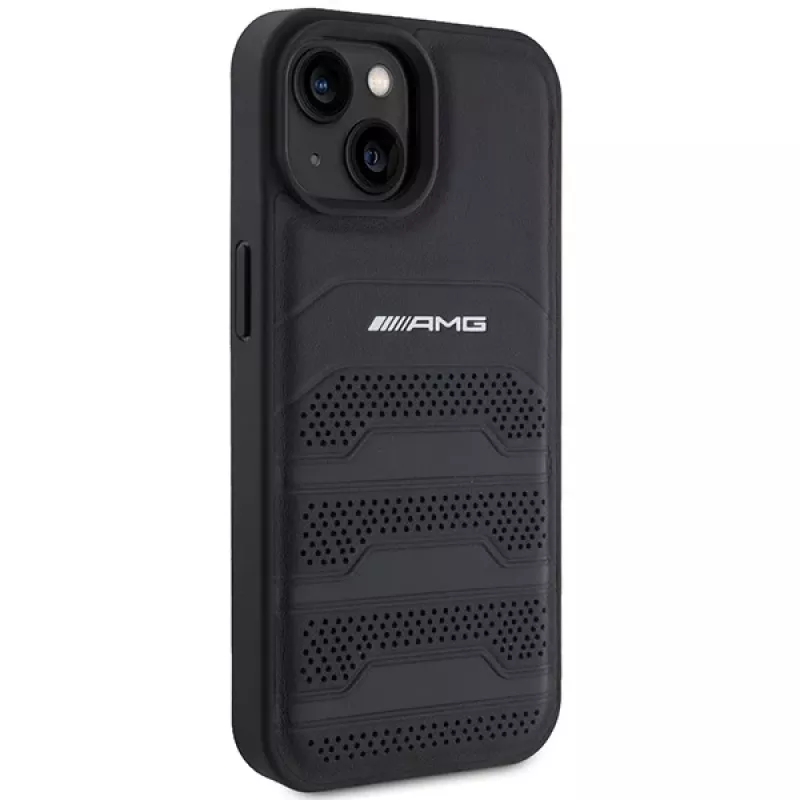 AMG AMHCP15MGSEBK pevné kožené puzdro s vyrazenými líniami pre iPhone 15 Plus / 14 Plus 6,7