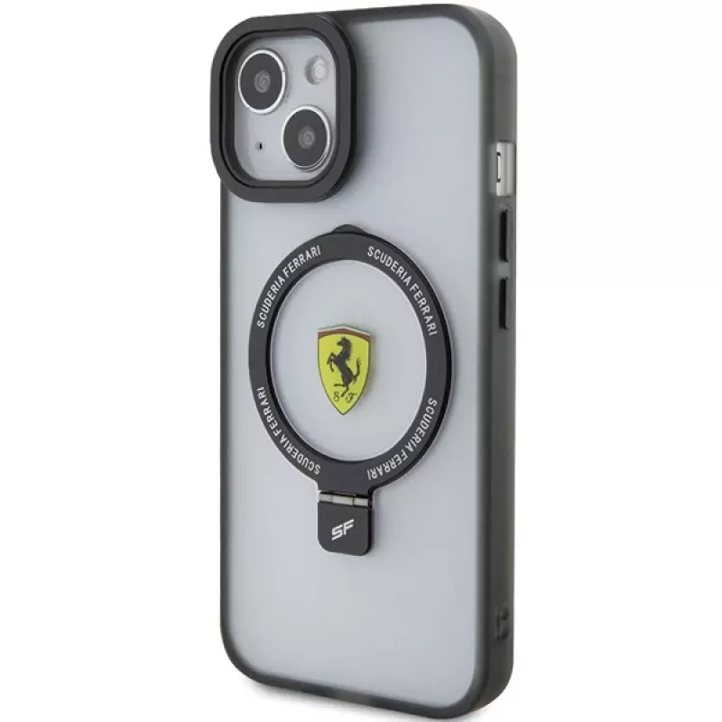 Ferrari FEHMP15MUSCAK iPhone 15 Plus / 14 Plus 6,7 inch priehľadné dymové pevné puzdro s držiakom na prsteň, MagSafe, kolekcia 2023