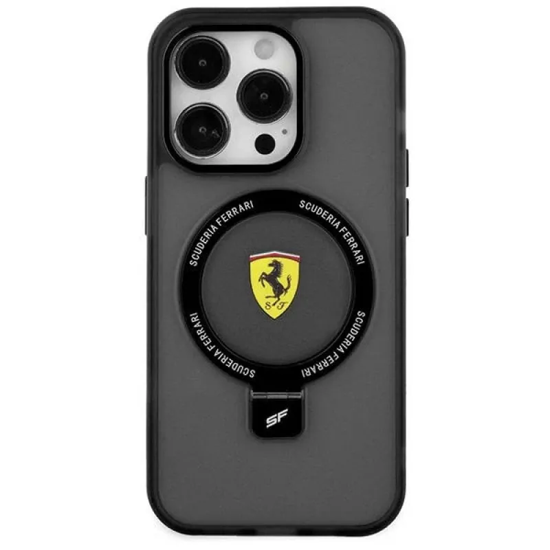 Ferrari FEHMP15MUSCAK iPhone 15 Plus / 14 Plus 6,7 inch priehľadné dymové pevné puzdro s držiakom na prsteň, MagSafe, kolekcia 2023