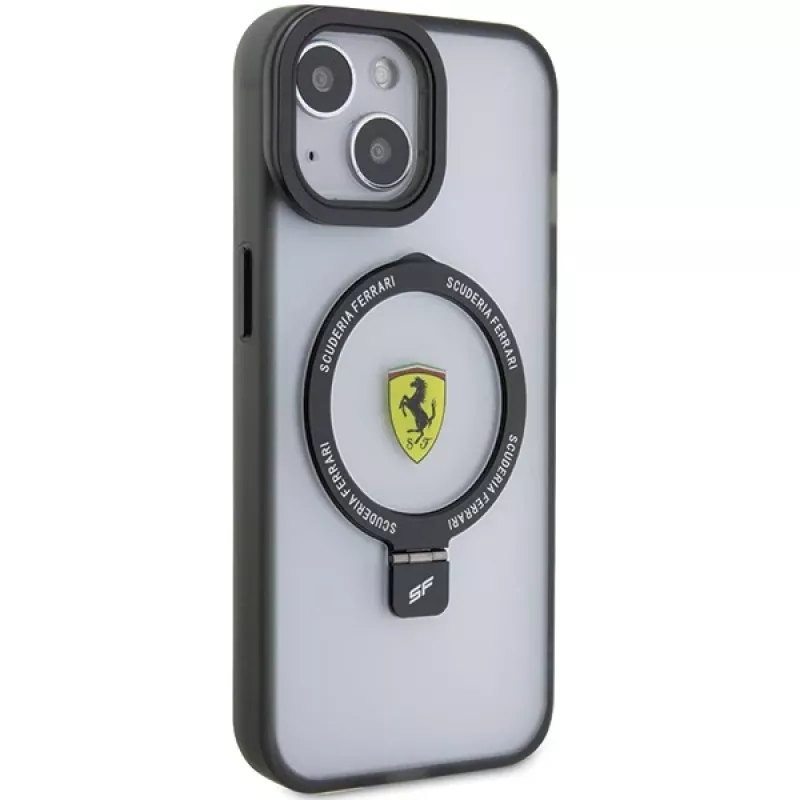 Ferrari FEHMP15MUSCAK iPhone 15 Plus / 14 Plus 6,7 inch priehľadné dymové pevné puzdro s držiakom na prsteň, MagSafe, kolekcia 2023