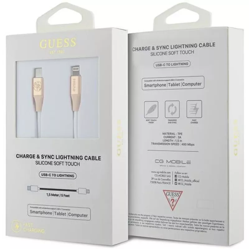 Guess GUCLLALRGDD kábel USB-C na Lightning 1,5 m rýchle nabíjanie svetlozlatá s vyrazeným logom